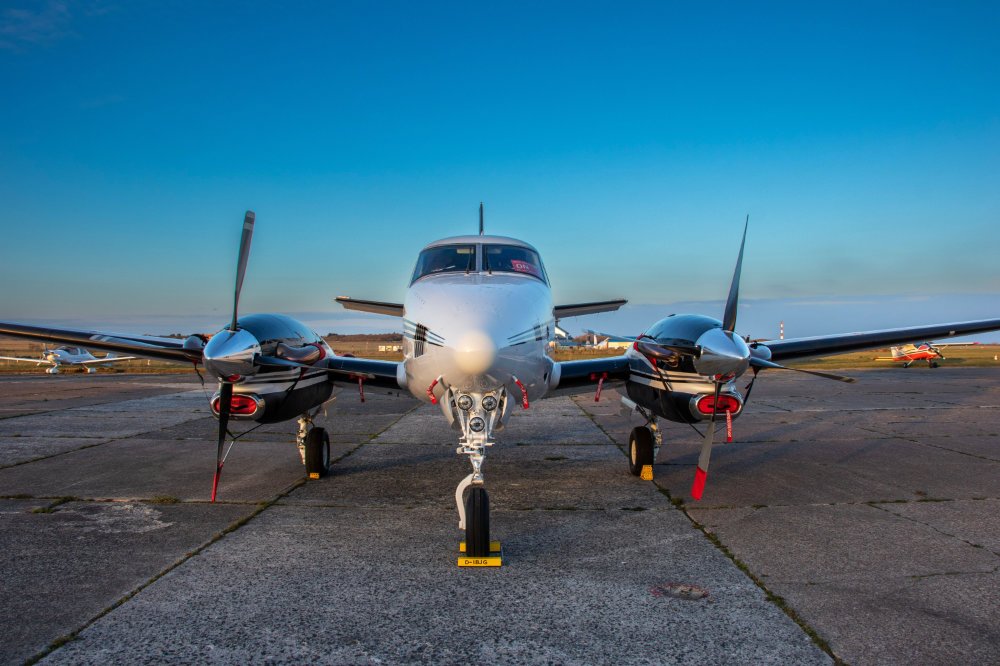 Private plane front view at golden hour